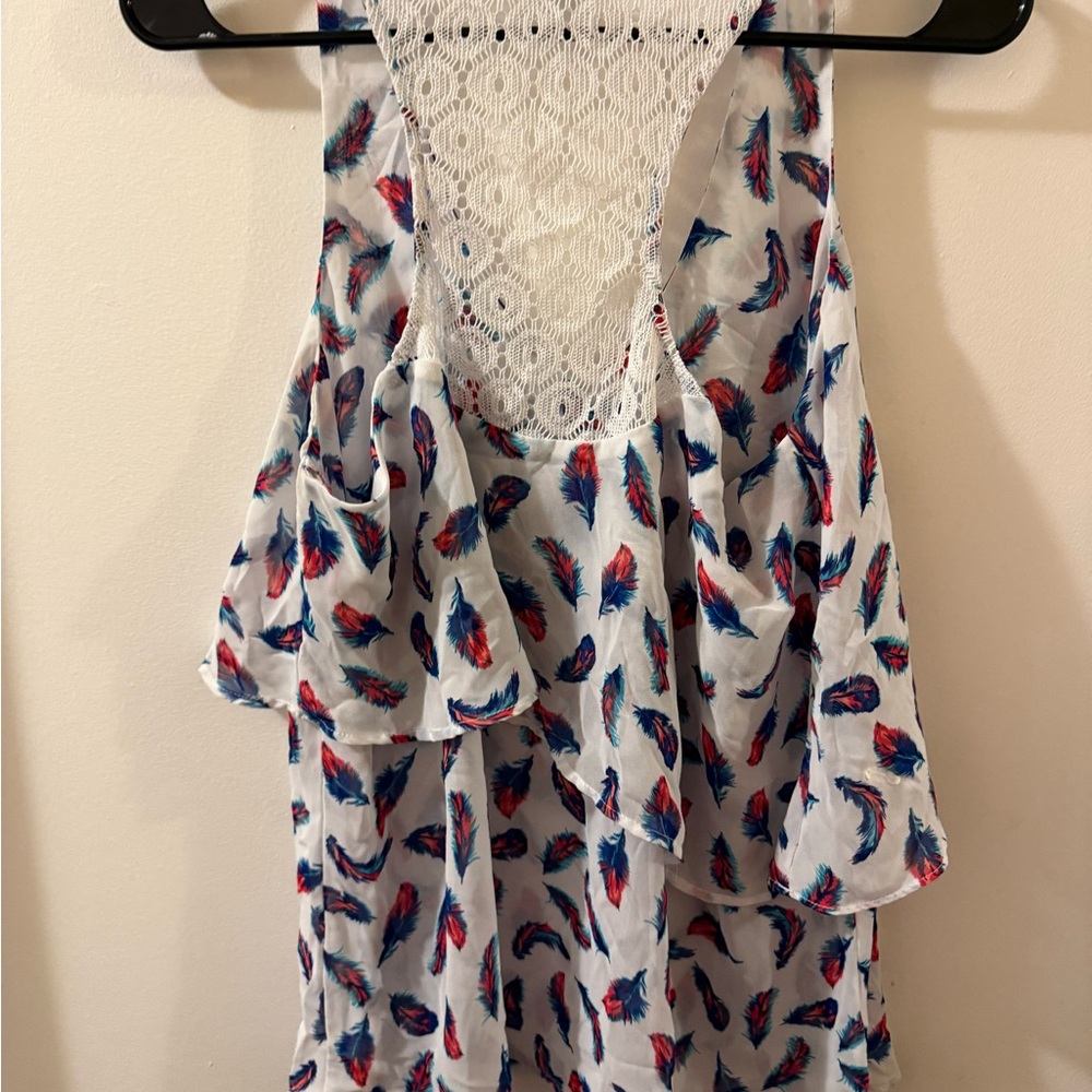 Feather Print Sleeveless Top with Lace Detail